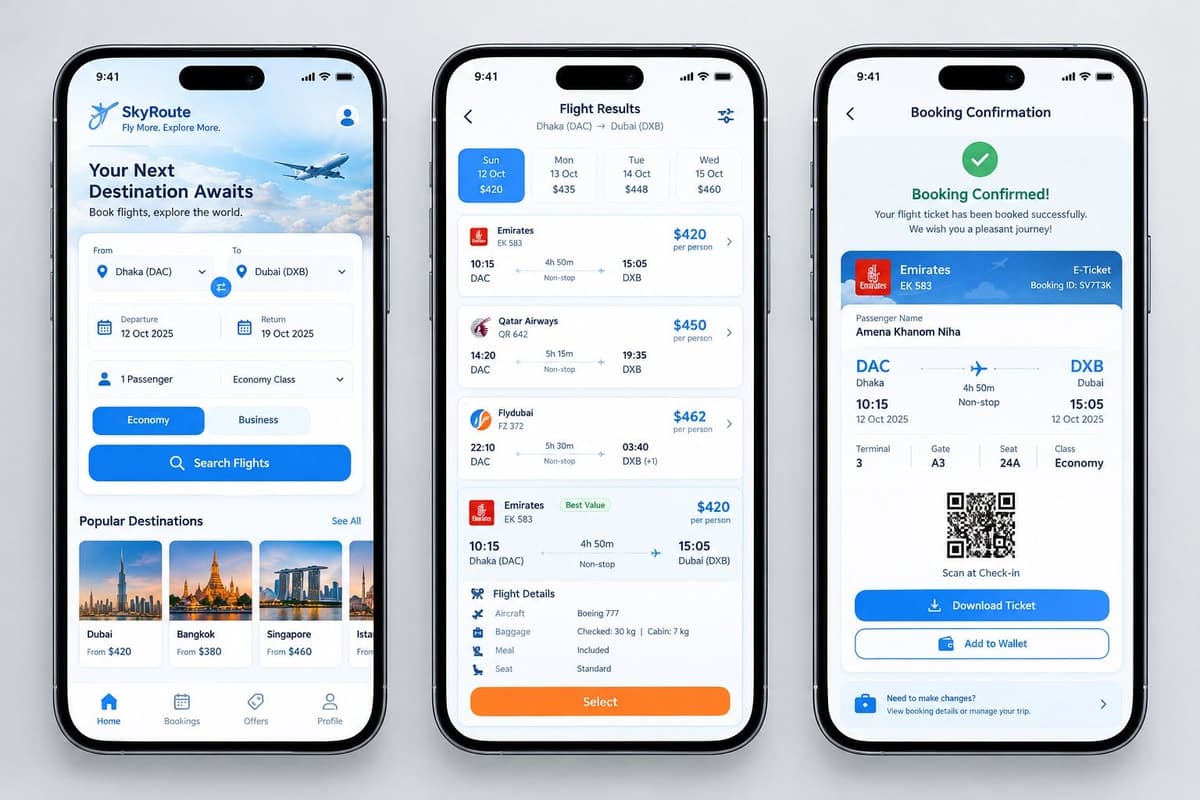 SkyRoute flight booking and boarding mobile application showcase
