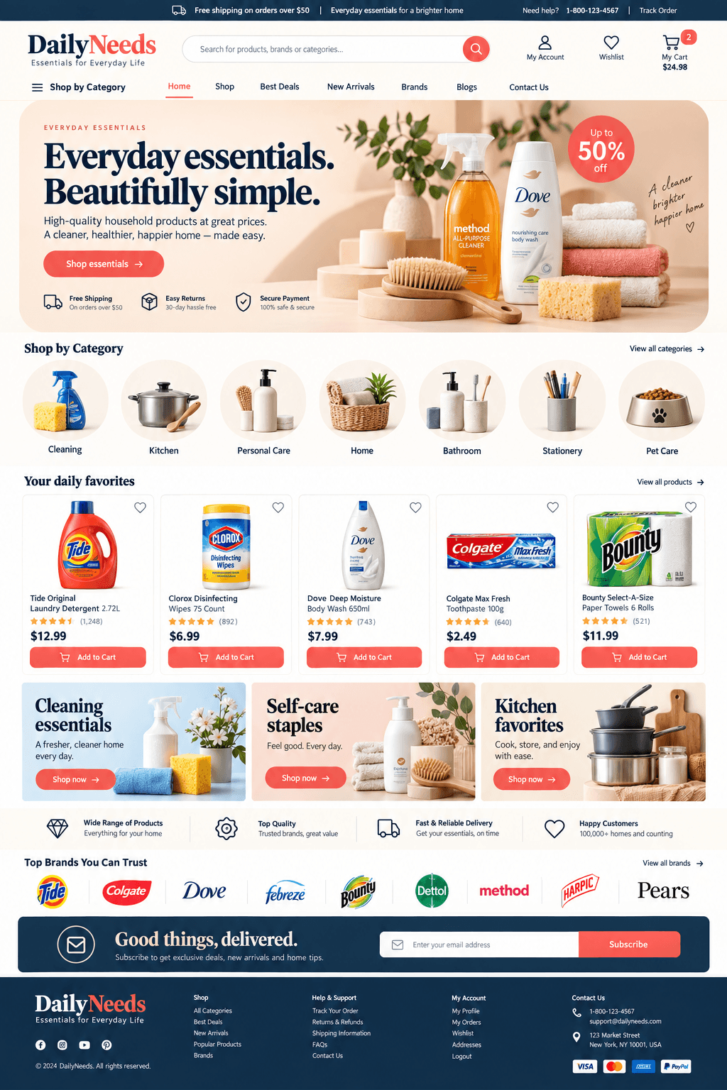 DailyNeeds homepage storefront layout showing product categories and favorites