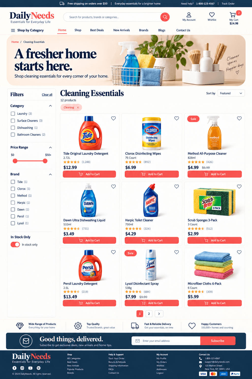 DailyNeeds category catalog with faceted filter sidebar and product cards