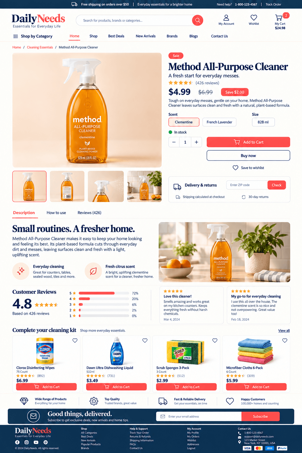 DailyNeeds product detail page with reviews, variants, and bundle offers