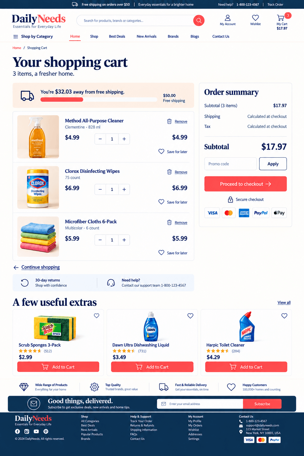 DailyNeeds shopping cart funnel with free shipping progress bar and order summary