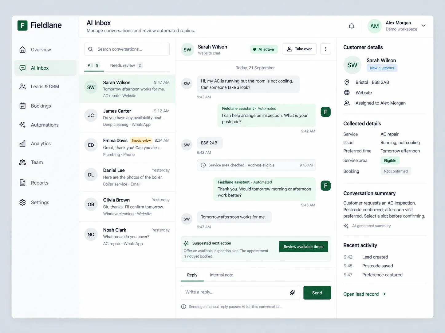 FieldLine conversational AI assistant, appointment scheduler, and CRM integration