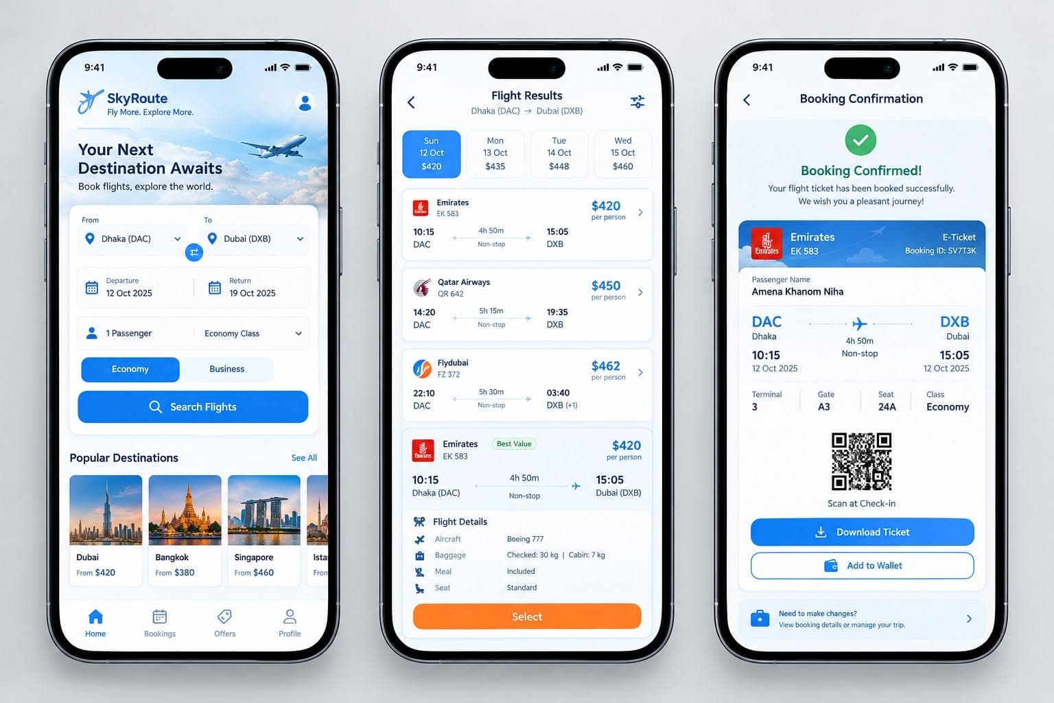 SkyRoute flight search, fare results, and digital boarding pass interface