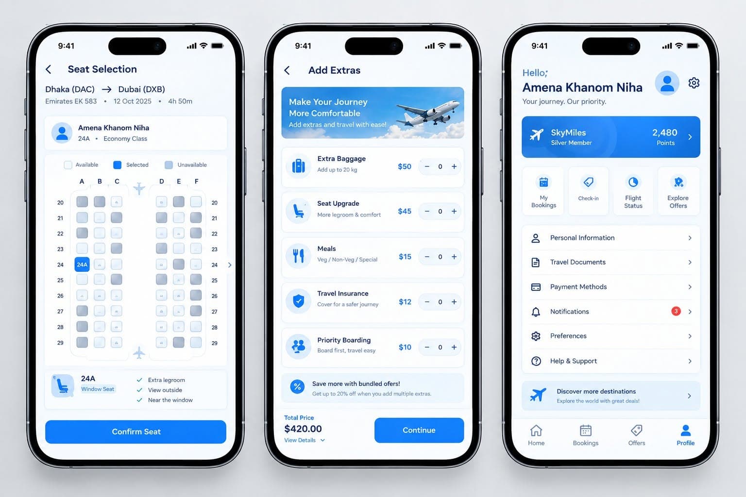 SkyRoute interactive airplane seat map, extras selection, and frequent flyer profile