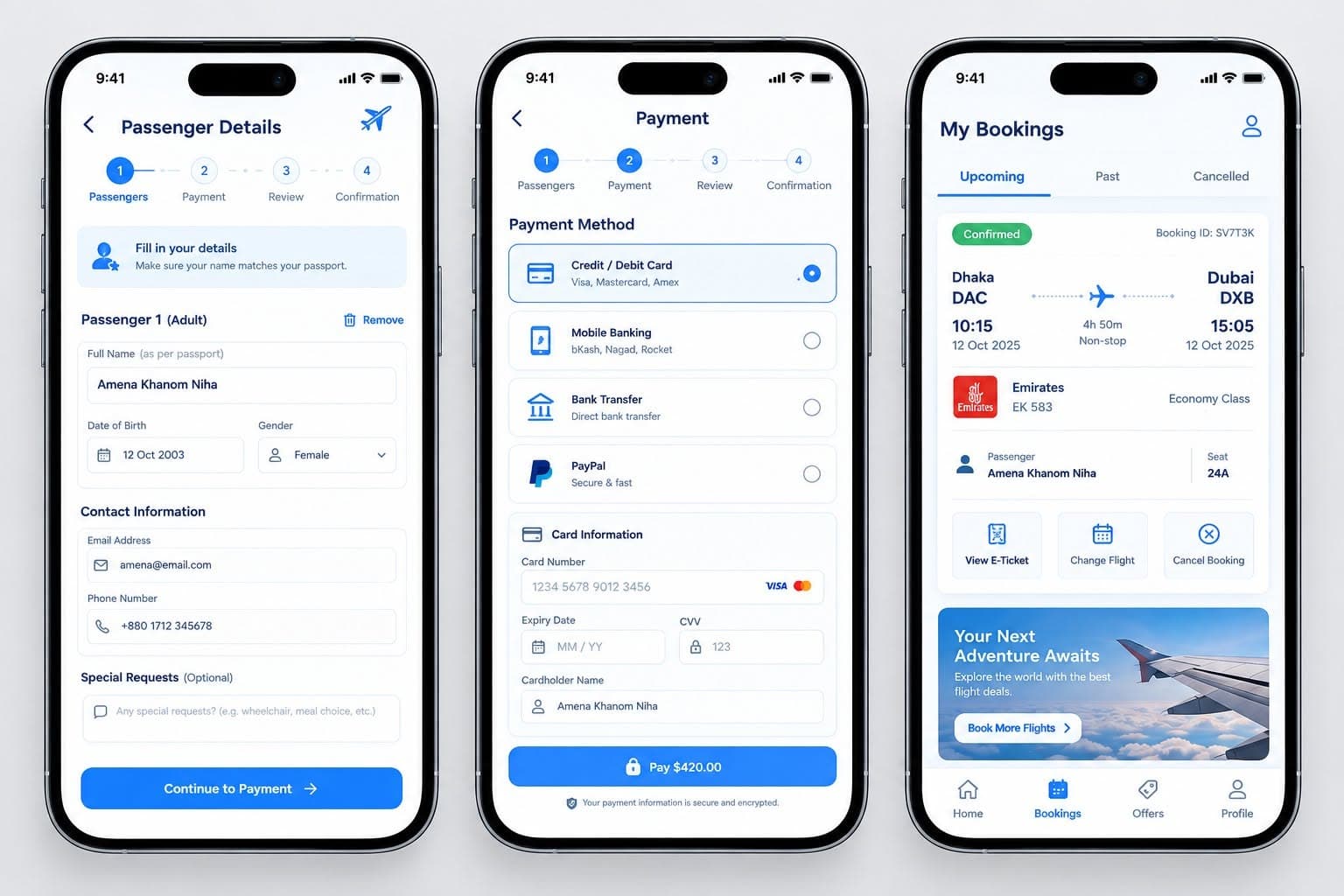 SkyRoute passenger details, secure payment gateway, and booking management screen